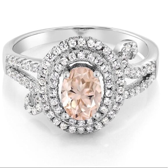 .925 Sterling Silver with Peach Morganite and Diamond Cubic Zirconia Ring - Picture 2 of 5